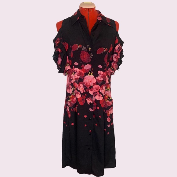 Samuel Dong Floral Dress Button Down Cold Shoulder XS - Picture 1 of 10